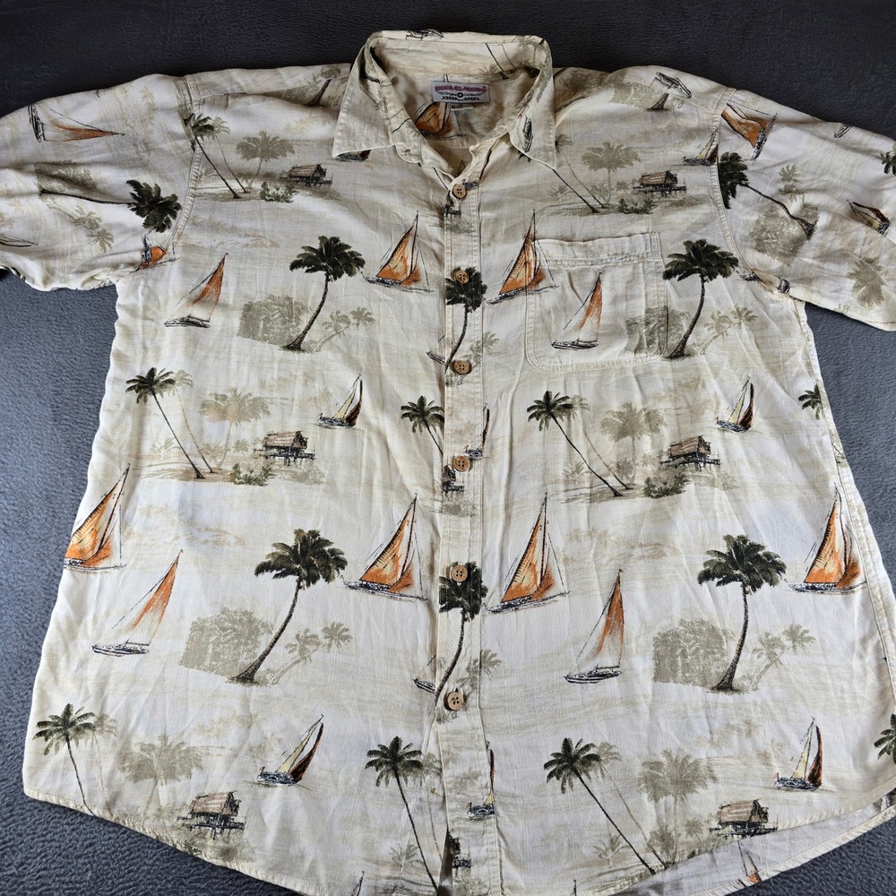 Boca Classics Mens XL Tropical Sailboat Palm Tree Button Down Shirt Cream Cotton